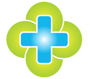 A blue cross in the middle of four green circles.