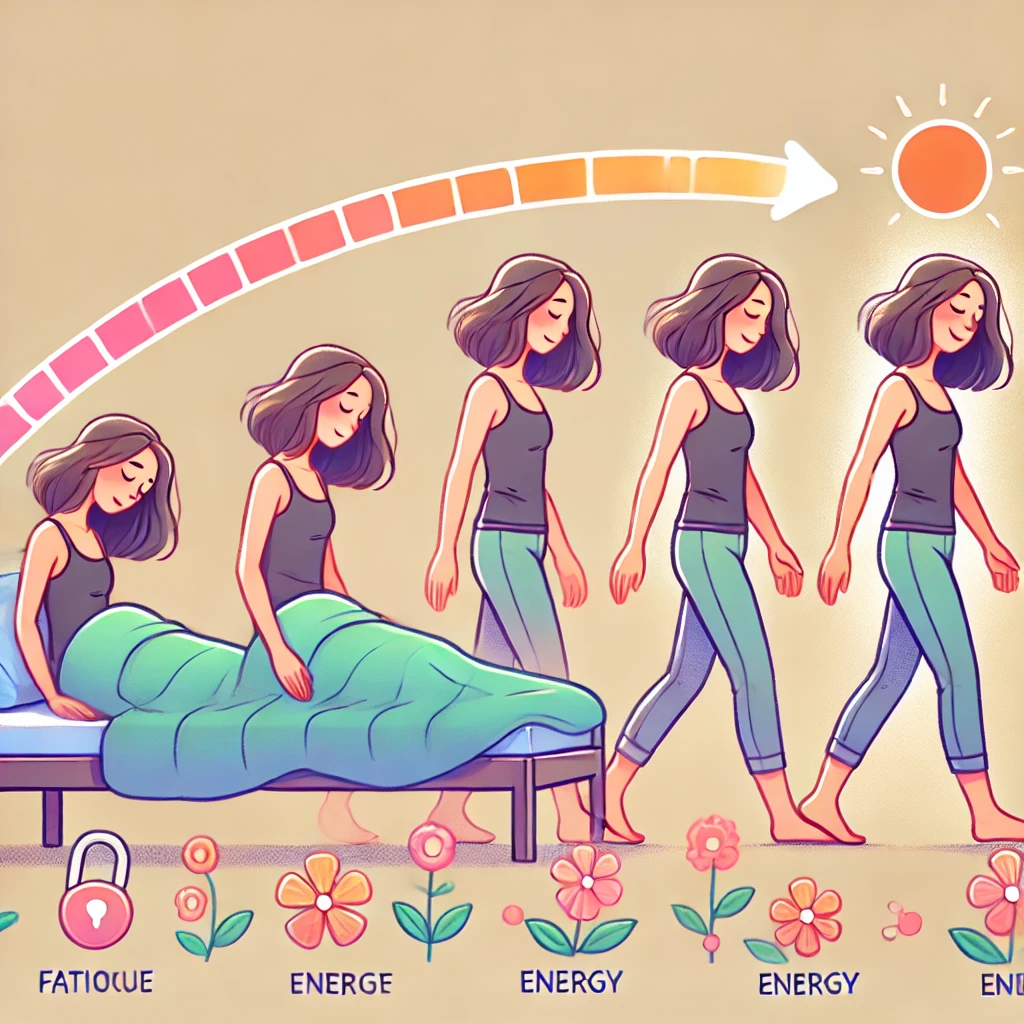 DALL·E 2024-10-07 15.04.31 - Illustration depicting a patient journey with dysautonomia. A sequence showing a person transitioning from fatigue to energy, from lying down to confi