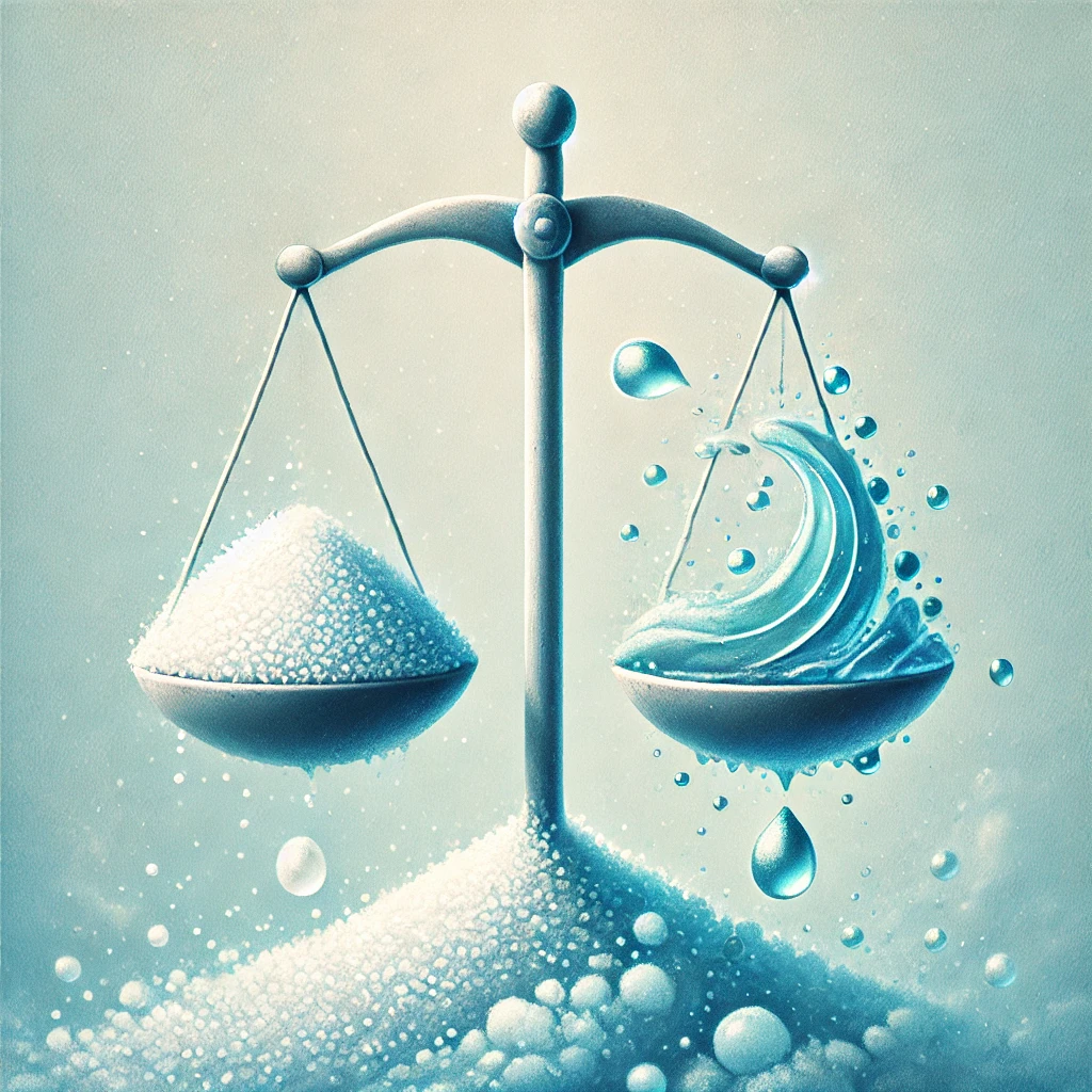 DALL·E 2024-10-07 15.04.35 - Nature metaphor representing balance of salt and water. An artistic image of a balancing scale with water droplets on one side and salt on the other,