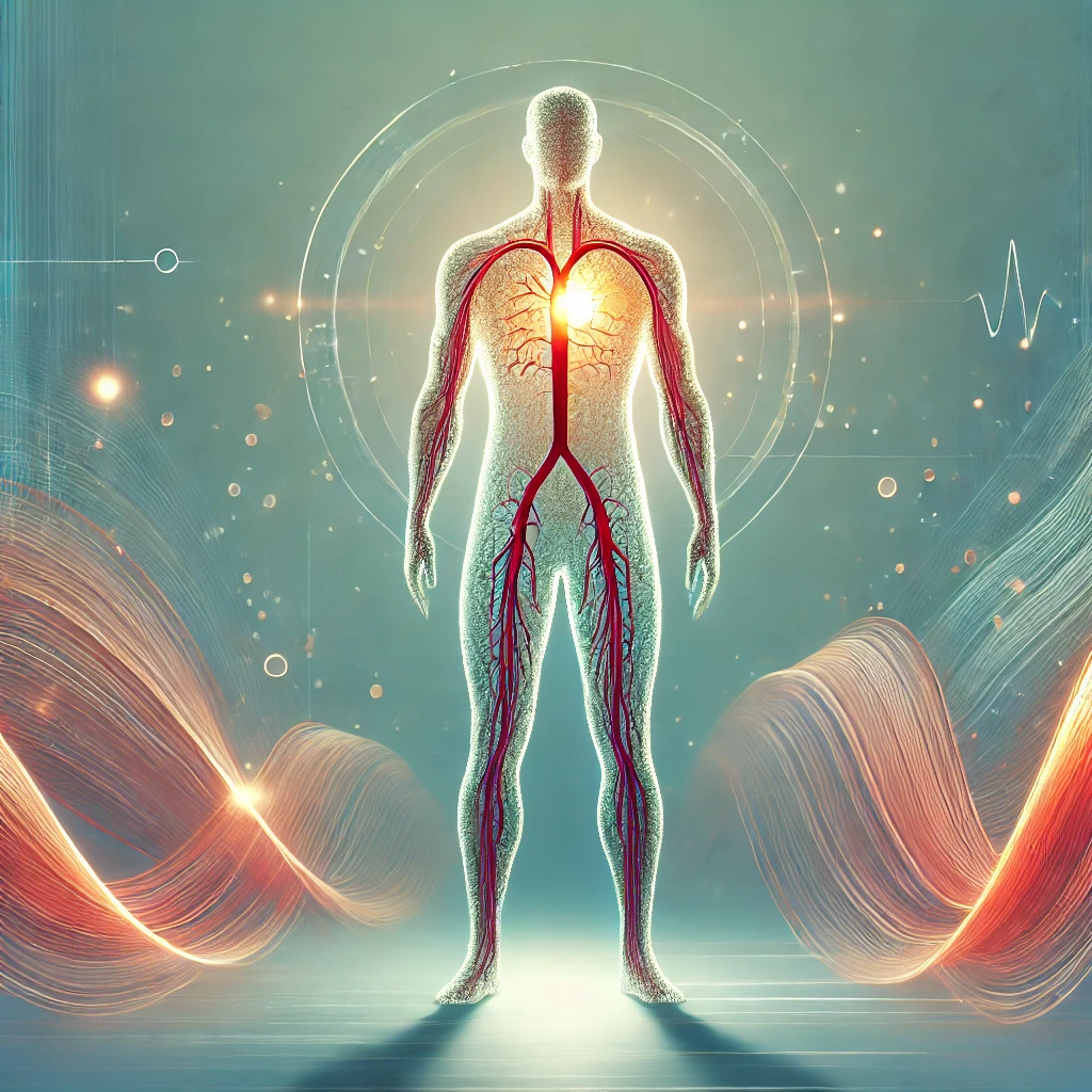 DALL·E 2024-10-07 15.07.40 - An abstract depiction of a person standing up confidently with subtle visual representation of blood flow improving or energy radiating, symbolizing s