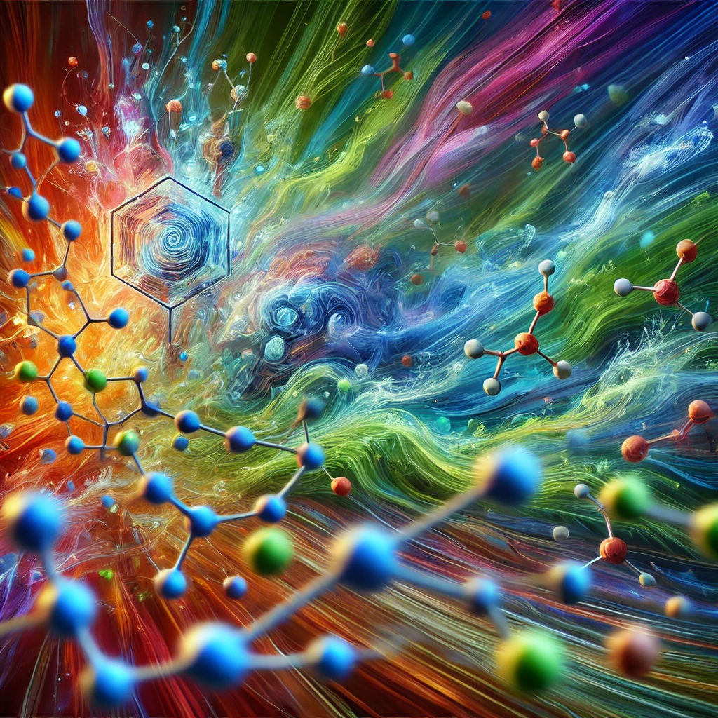 DALL·E 2024-10-07 15.11.21 - An abstract image of a chemical reaction, using vivid colors interacting to symbolize enhanced neurotransmission. The colors should include blues, gre