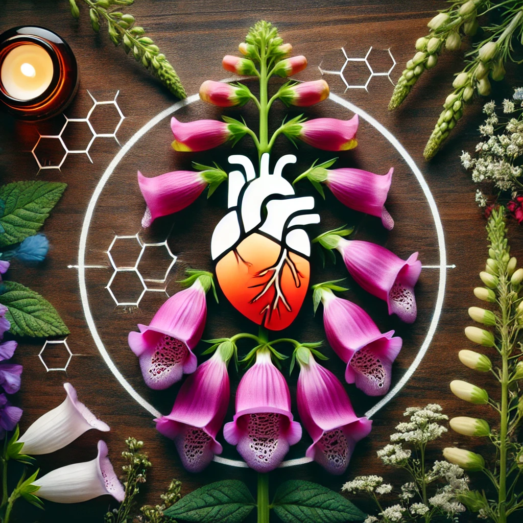 DALL·E 2024-10-07 16.12.19 - A visual representation of the foxglove plant with a symbolic illustration of a human heart. The image connects the natural origins of Digoxin with it