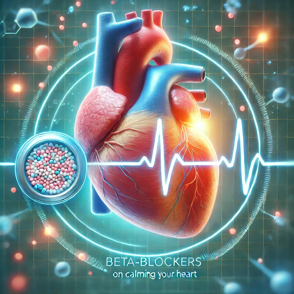 DALL·E 2024-10-07 16.43.05 - A human heart illustration showing the effect of beta-blockers, with a focus on calming the heart. The image includes visual elements such as a heart