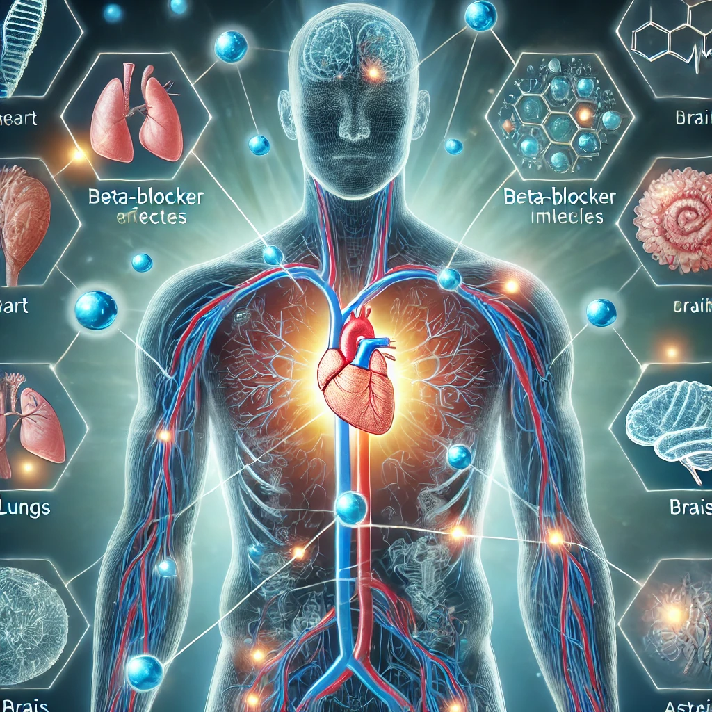 DALL·E 2024-10-07 16.43.42 - An illustration showing the effects of beta-blockers across the whole body. The image features a human silhouette with a glowing heart at the center,