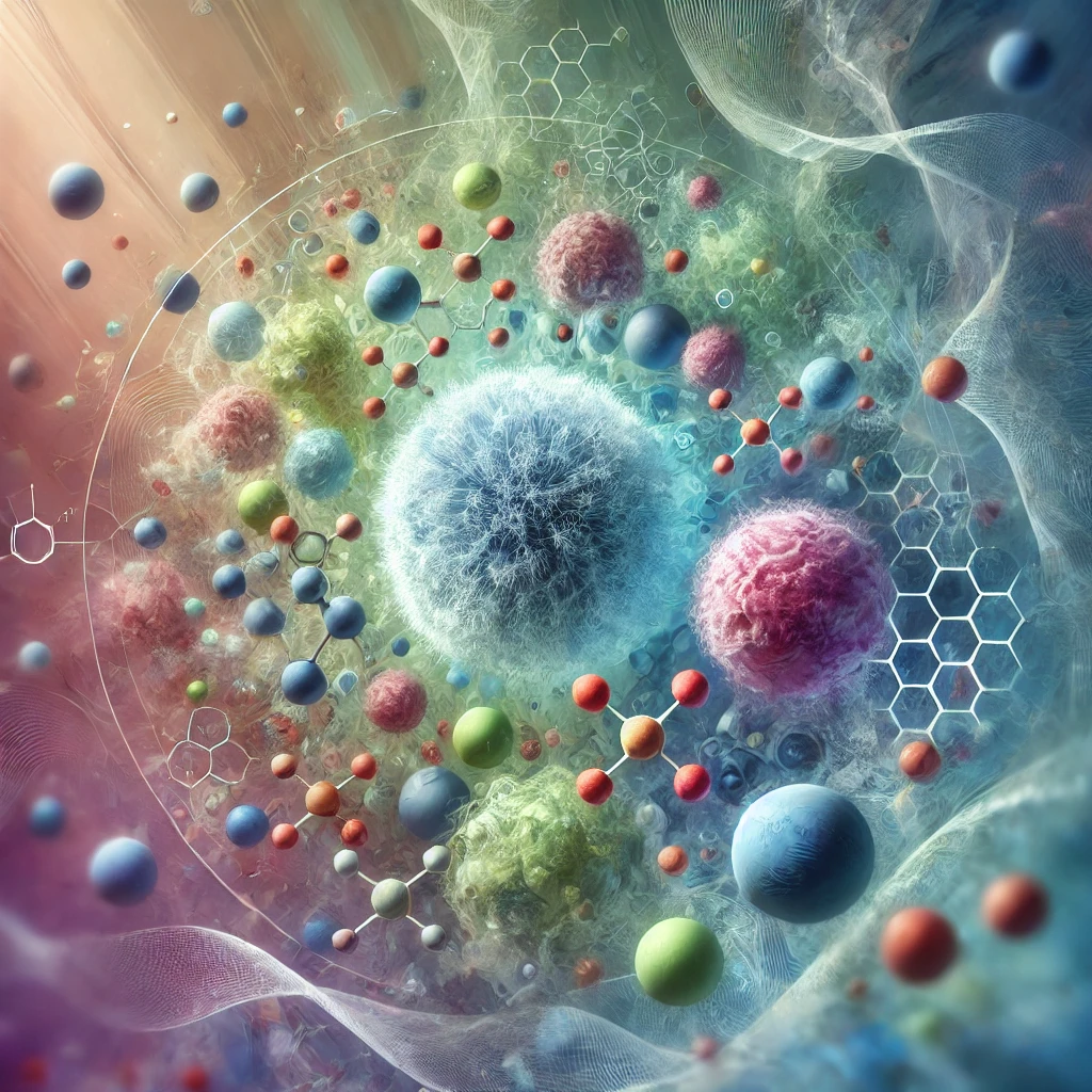 DALL·E 2024-10-07 16.45.40 - Abstract medical imagery of immune cells and histamine molecules, soft colors like blue, green, and purple to symbolize an overactive immune response