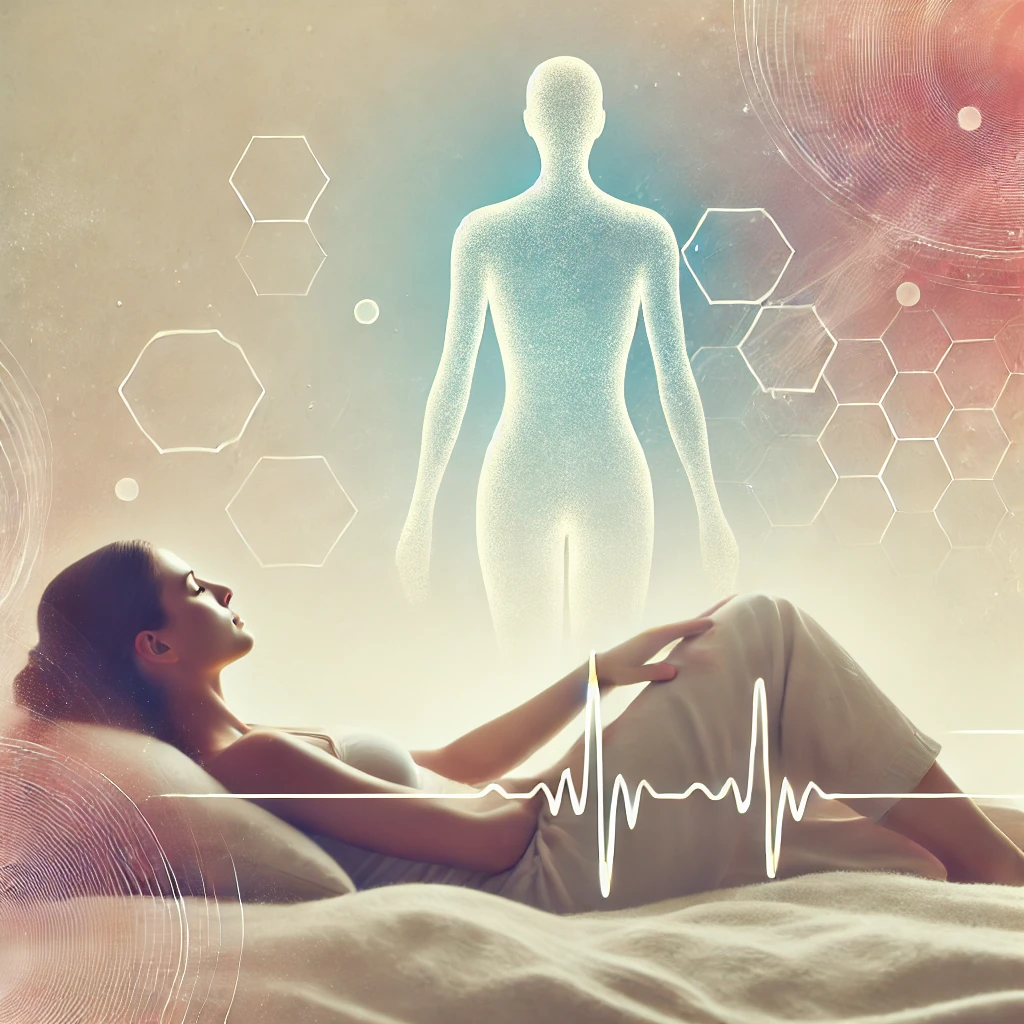 DALL·E 2024-10-07 20.19.42 - A serene image of a person relaxing on a soft surface, with gentle, abstract shapes above them slowly fading, symbolizing easing fatigue and pain, wit